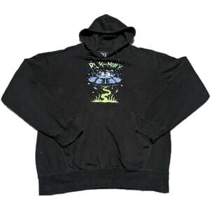 Rick and Morty Sweater Men Sz Small Black Hoodie Spaceship Dumping Pull Over